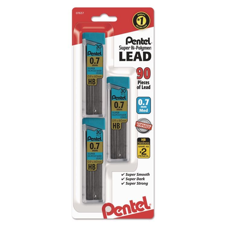 PENTEL OF AMERICA Super Hi-Polymer Lead Refills, 0.7 mm, HB, Black, 30/Tube, 3 Tubes/Pack (PENC27BPHB3K6)