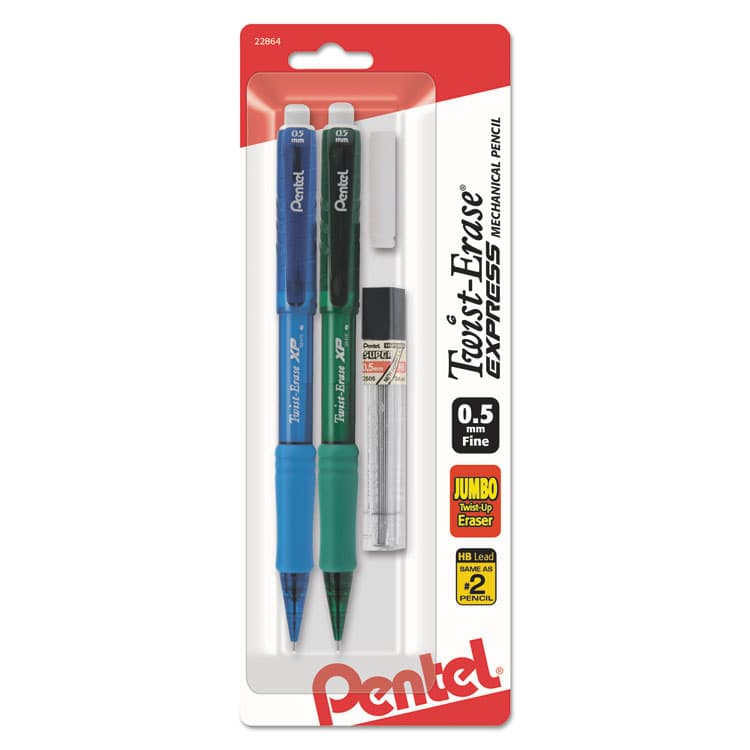 PENTEL OF AMERICA Twist-Erase EXPRESS Mechanical Pencils with Tube of Leads/Eraser, 0.5 mm, HB (#2), Black Lead, (2) Assorted Barrel Colors (PENQE415LEBP2)