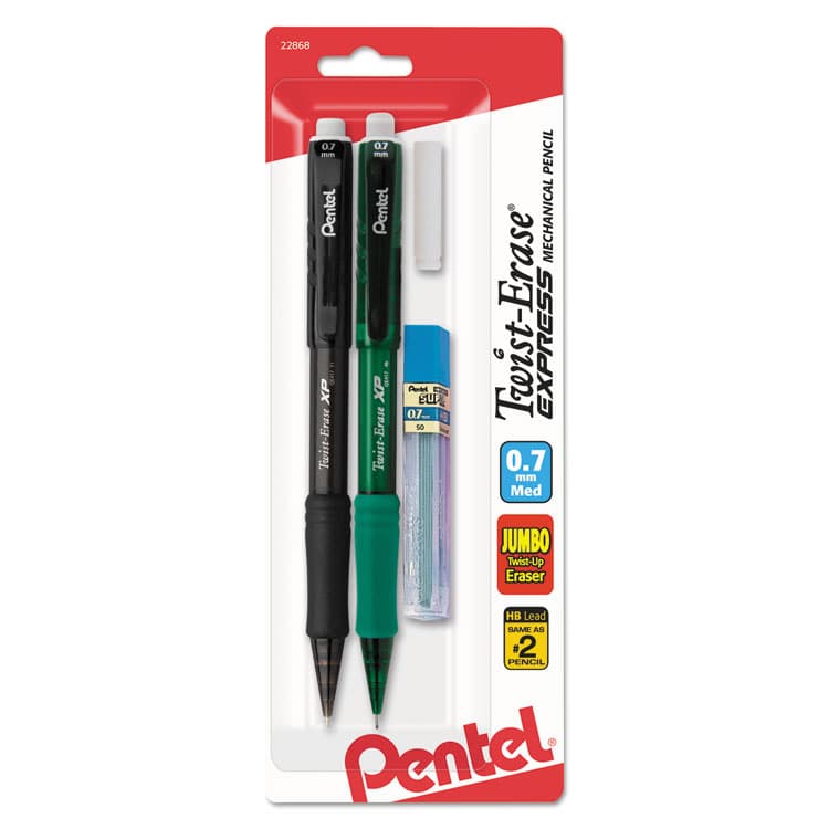 PENTEL OF AMERICA Twist-Erase EXPRESS Mechanical Pencils with Tube of Lead/Eraser, 0.7 mm, HB (#2), Black Lead, Assorted Barrel Colors, 2/Pack (PENQE417LEBP2)