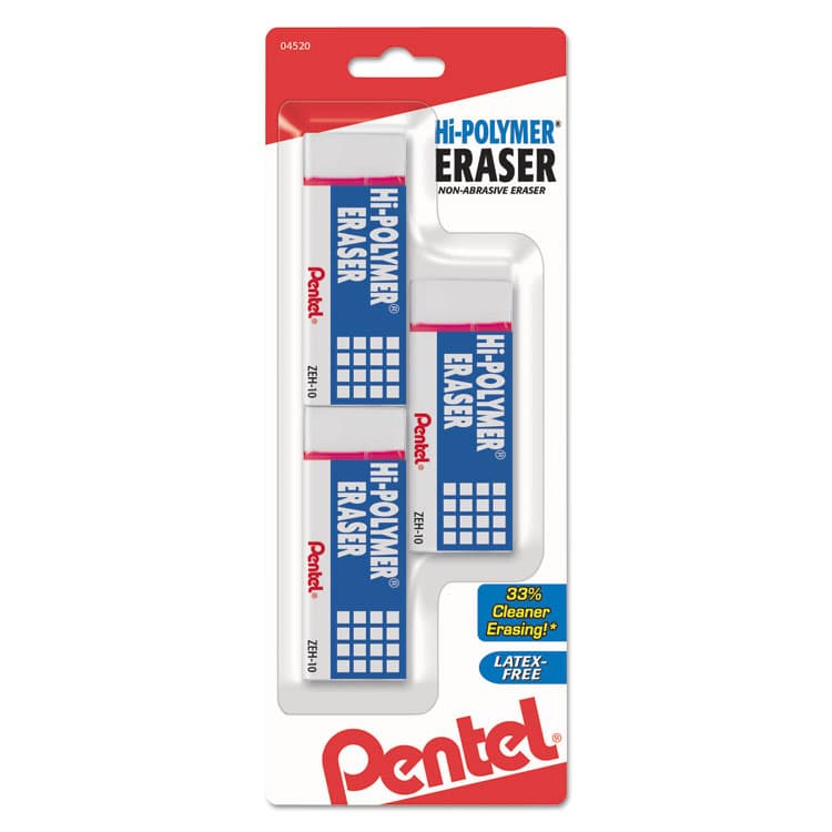 PENTEL OF AMERICA Hi-Polymer Eraser, For Pencil Marks, Rectangular Block, Medium, White, 3/Pack (PENZEH10BP3K6)