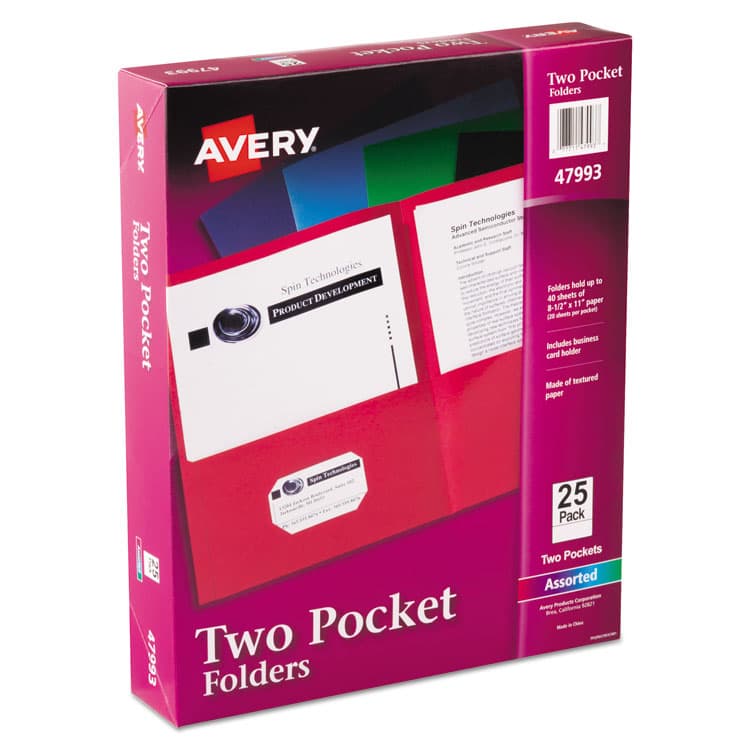 AVERY PRODUCTS CORPORATION Two-Pocket Folder, Accommodates (40) 11 x 8.5 Sheets, Assorted Colors, 25/Box (AVE47993)