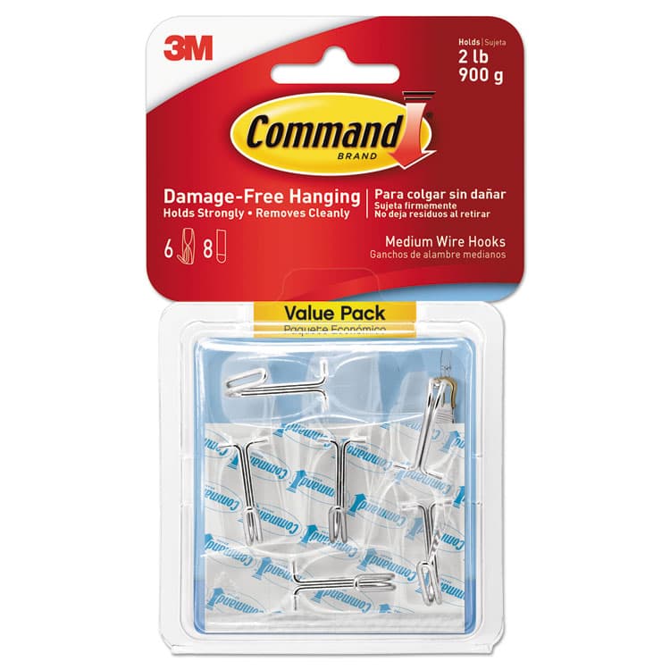 3M/COMMERCIAL TAPE DIV. Medium Clear Wire Hooks, Metal Wire, Silver/Clear, Supports 2 lb, 6/Pack (MMM17065CLRVPES)