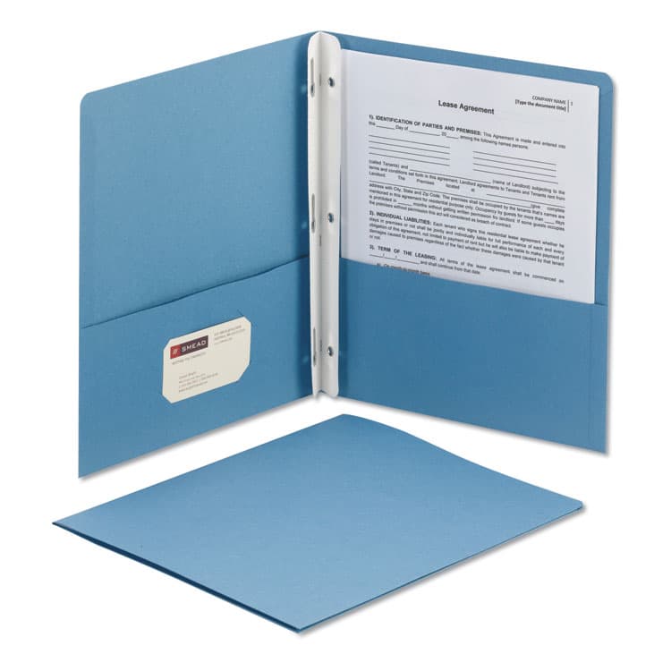 SMEAD MANUFACTURING CO. Two-Pocket Folder with Tang Strip Style Fasteners, Accommodates (100) 11 x 8.5 Sheets, Blue, 25/Box (SMD88052) thumbnail 2