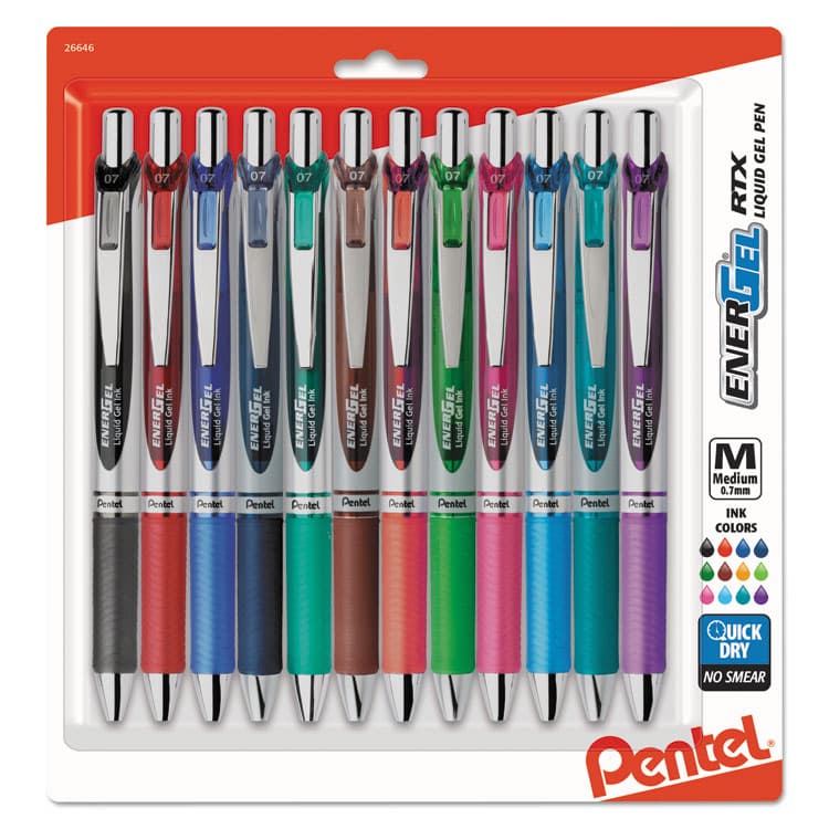 PENTEL OF AMERICA EnerGel RTX Gel Pen, Retractable, Medium 0.7 mm, Assorted Ink and Barrel Colors, Dozen (PENBL77BP12M)