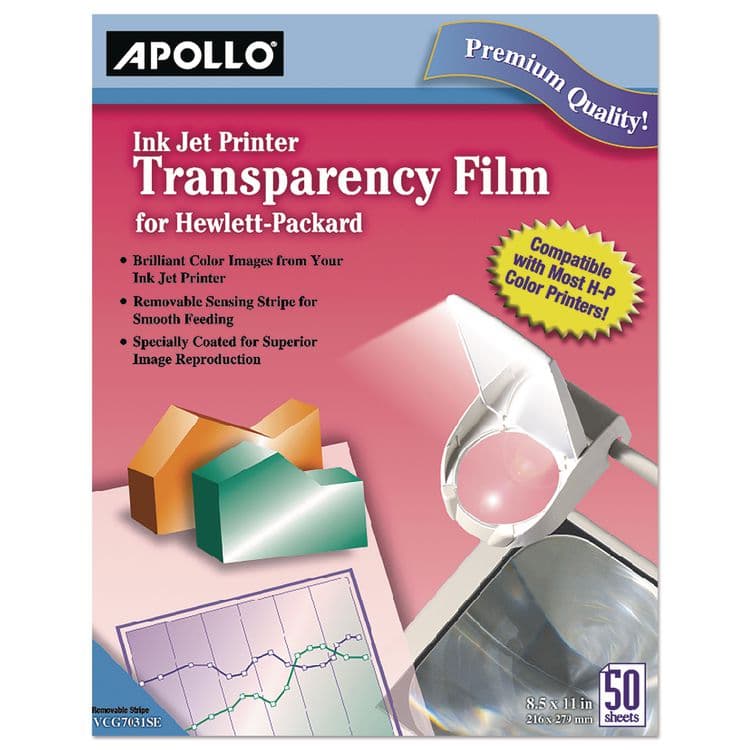 APOLLO AUDIO VISUAL Quick-Dry Color Inkjet Transparency Film with Handling Strip, 8.5 x 11, 50/Box (APOCG7031S)