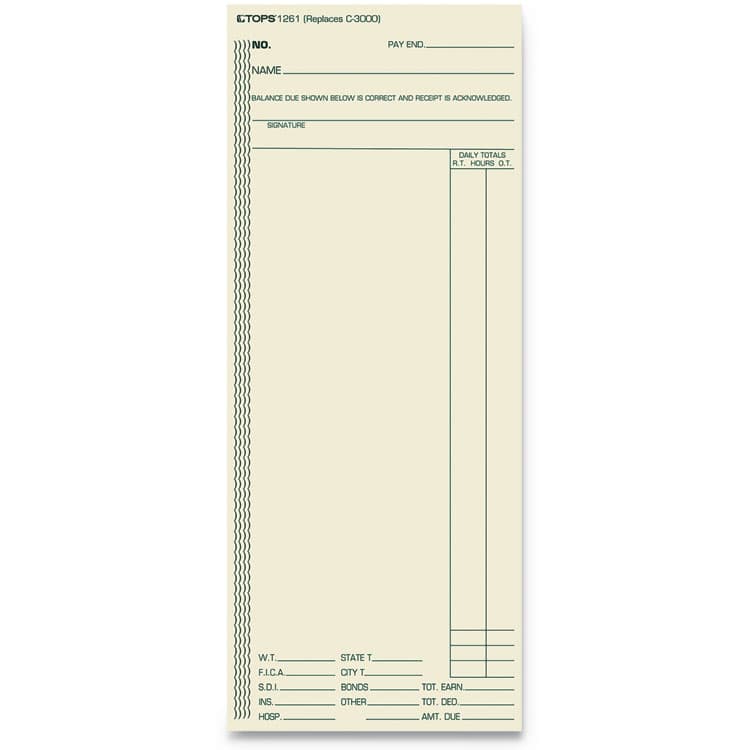 TOPS BUSINESS FORMS Time Clock Cards, Replacement for ATR206/C3000/M-154, One Side, 3.38 x 8.25, 500/Box (TOP1261)