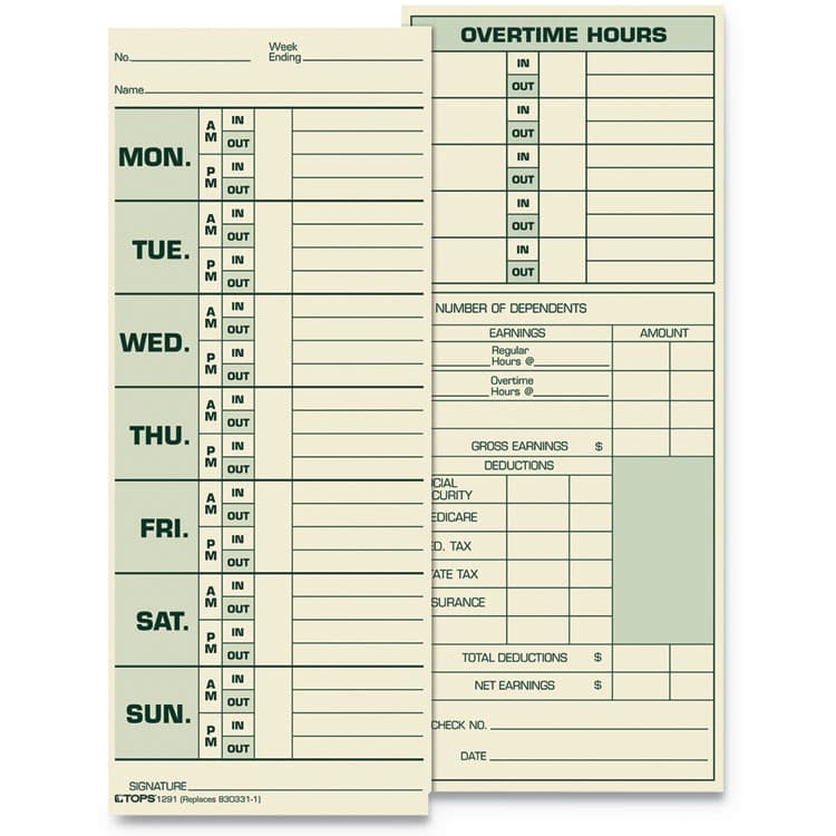 TOPS BUSINESS FORMS Time Clock Cards, Replacement for 331-10, Two Sides, 3.5 x 8.5, 500/Box (TOP1291)