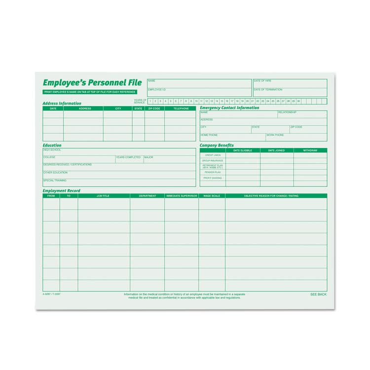 TOPS BUSINESS FORMS Employee's Record File Folder, Straight Tabs, Letter Size, Index Stock, Green, 20/Pack (TOP3287)