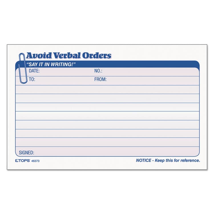 TOPS BUSINESS FORMS Avoid Verbal Orders Manifold Book, Two-Part Carbonless, 6.25 x 4.25, 50 Forms Total (TOP46373)