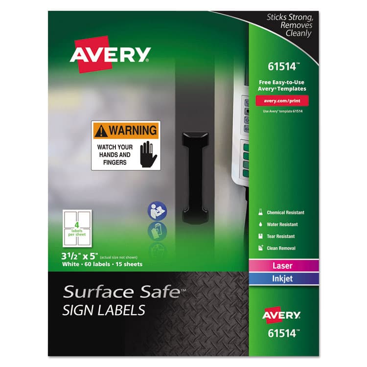 AVERY PRODUCTS CORPORATION Surface Safe Removable Label Safety Signs, Inkjet/Laser Printers, 3.5 x 5, White, 4/Sheet, 15 Sheets/Pack (AVE61514)