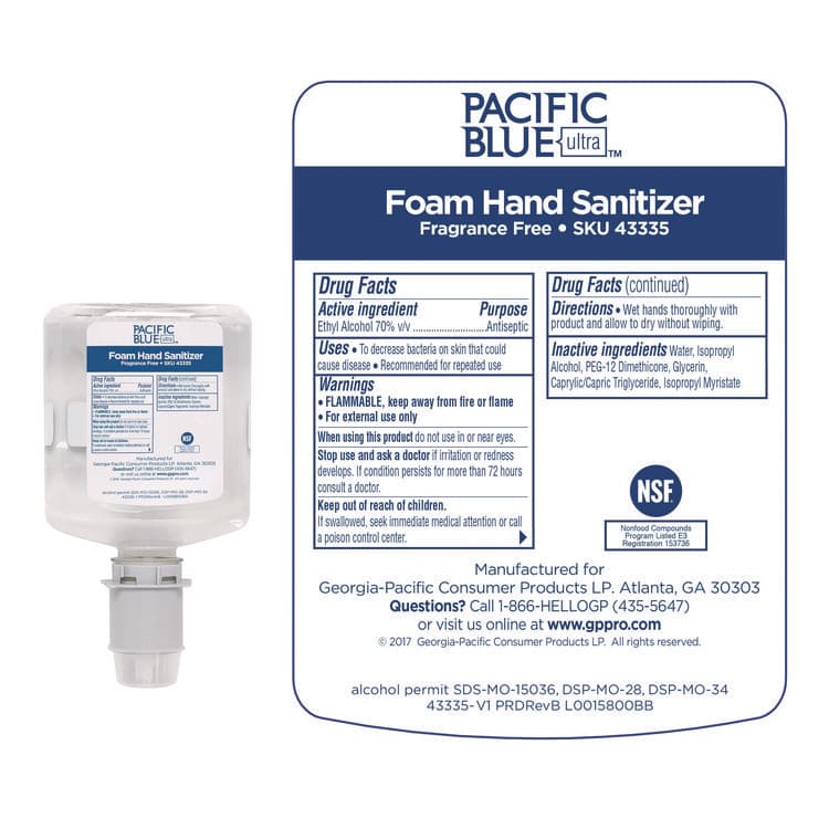 GEORGIA PACIFIC Pacific Blue Ultra Foam Hand Sanitizer Refill For Manual Dispensers, 1,000 mL, Fragrance-Free, 4/Carton (GPC43335) thumbnail 3
