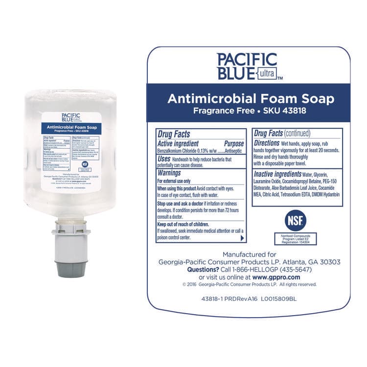 GEORGIA PACIFIC Pacific Blue Ultra Foam Soap Manual Dispenser Refill, Antimicrobial, Unscented, 1,200 mL, 4/Carton (GPC43818) thumbnail 3
