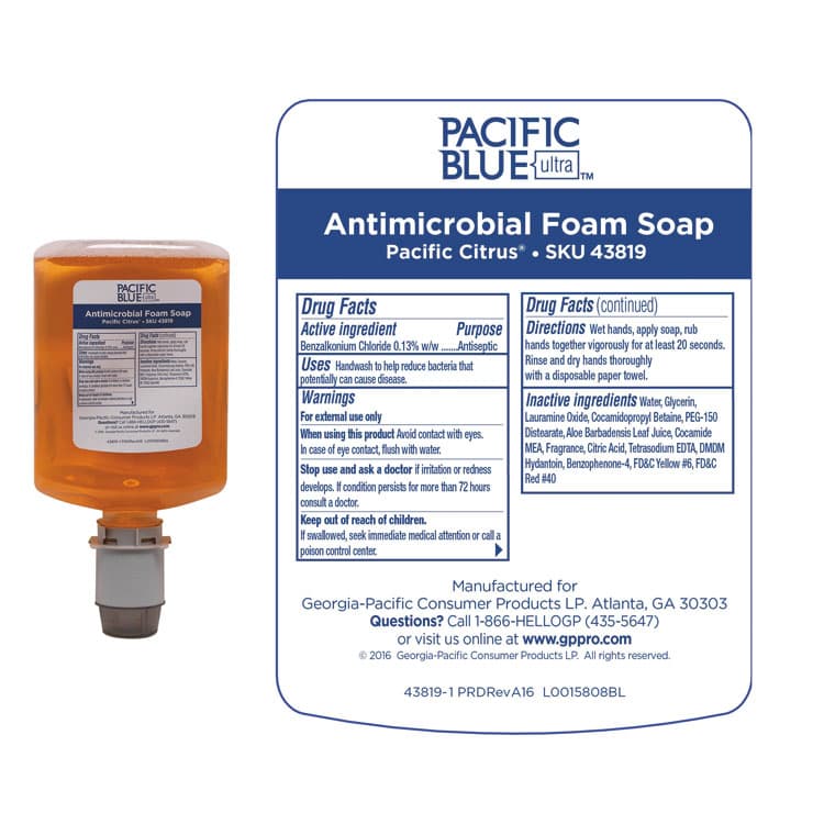 GEORGIA PACIFIC Pacific Blue Ultra Foam Soap Manual Dispenser Refill, Antimicrobial, Pacific Citrus Scent, 1,200 mL, 4/Carton (GPC43819) thumbnail 3