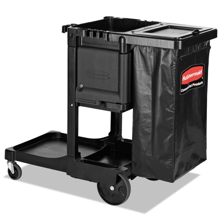 RUBBERMAID COMMERCIAL PROD. Executive Janitorial Cleaning Cart, Plastic, 4 Shelves, 1 Bin, 21.75" x 46" x 38.38", Black (RCP1861430)