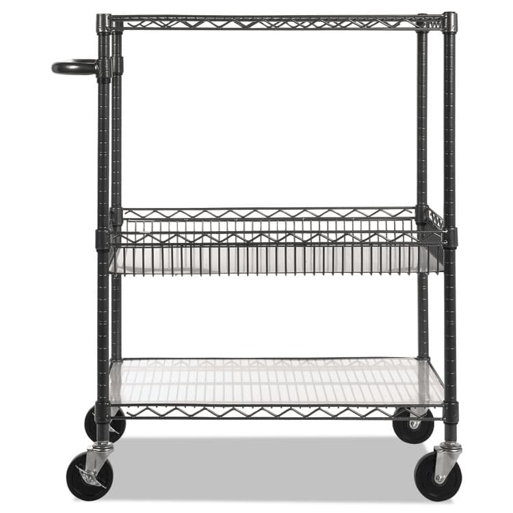 ALERA Three-Tier Wire Cart with Basket, Metal, 2 Shelves, 1 Bin, 500 lb Capacity, 34" x 18" x 40", Black Anthracite (ALESW543018BA) thumbnail 2