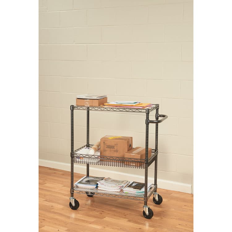 ALERA Three-Tier Wire Cart with Basket, Metal, 2 Shelves, 1 Bin, 500 lb Capacity, 34" x 18" x 40", Black Anthracite (ALESW543018BA) thumbnail 4