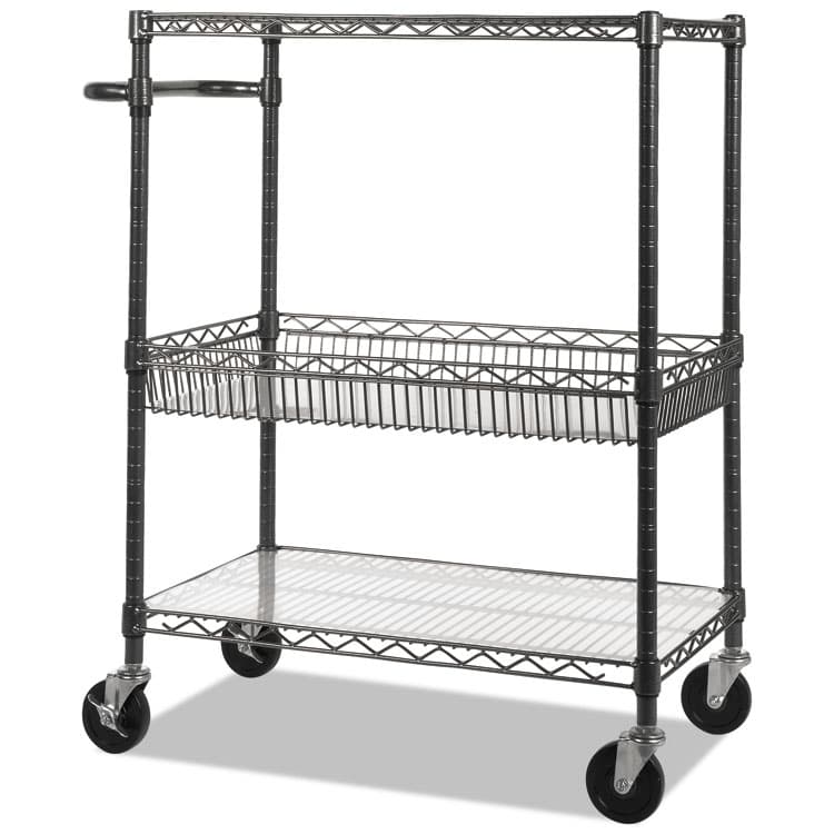 ALERA Three-Tier Wire Cart with Basket, Metal, 2 Shelves, 1 Bin, 500 lb Capacity, 34" x 18" x 40", Black Anthracite (ALESW543018BA)