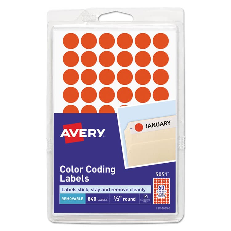 AVERY PRODUCTS CORPORATION Handwrite Only Self-Adhesive Removable Round Color-Coding Labels, 0.5" dia, Neon Red, 60/Sheet, 14 Sheets/Pack, (5051) (AVE05051)