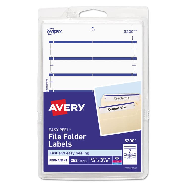 AVERY PRODUCTS CORPORATION Printable 4" x 6" - Permanent File Folder Labels, 0.69 x 3.44, White, 7/Sheet, 36 Sheets/Pack, (5200) (AVE05200)