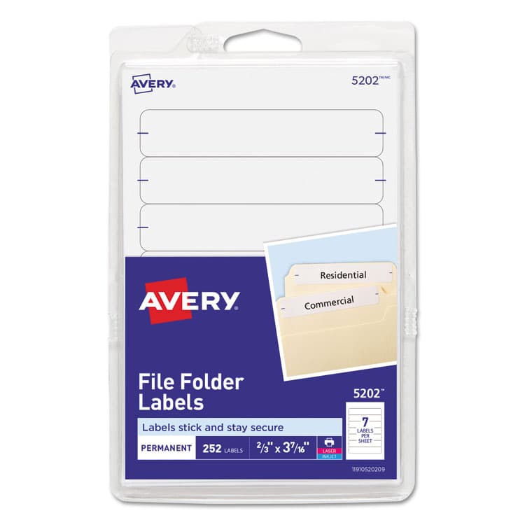 AVERY PRODUCTS CORPORATION Printable 4" x 6" - Permanent File Folder Labels, 0.69 x 3.44, White, 7/Sheet, 36 Sheets/Pack, (5202) (AVE05202)