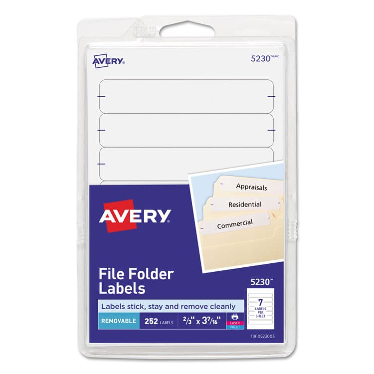AVERY PRODUCTS CORPORATION Removable File Folder Labels with Sure Feed Technology, 0.66" x 3.44", White, 7/Sheet, 36 Sheets/Pack (AVE5230)