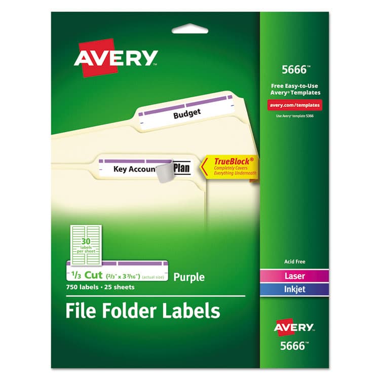AVERY PRODUCTS CORPORATION Permanent TrueBlock File Folder Labels with Sure Feed Technology, 0.66" x 3.44", White, 30/Sheet, 25 Sheets/Pack (AVE5666)