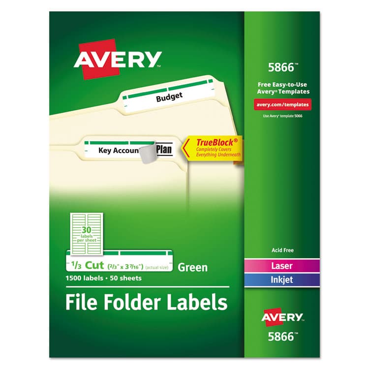 AVERY PRODUCTS CORPORATION Permanent TrueBlock File Folder Labels with Sure Feed Technology, 0.66 x 3.44, White, 30/Sheet, 50 Sheets/Box (AVE5866)