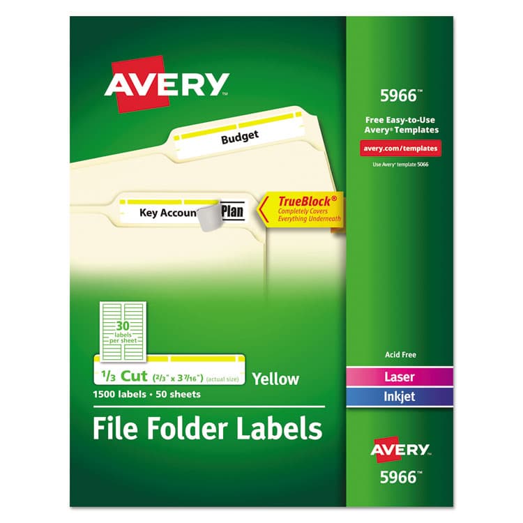 AVERY PRODUCTS CORPORATION Permanent TrueBlock File Folder Labels with Sure Feed Technology, 0.66 x 3.44, Yellow/White, 30/Sheet, 50 Sheets/Box (AVE5966)