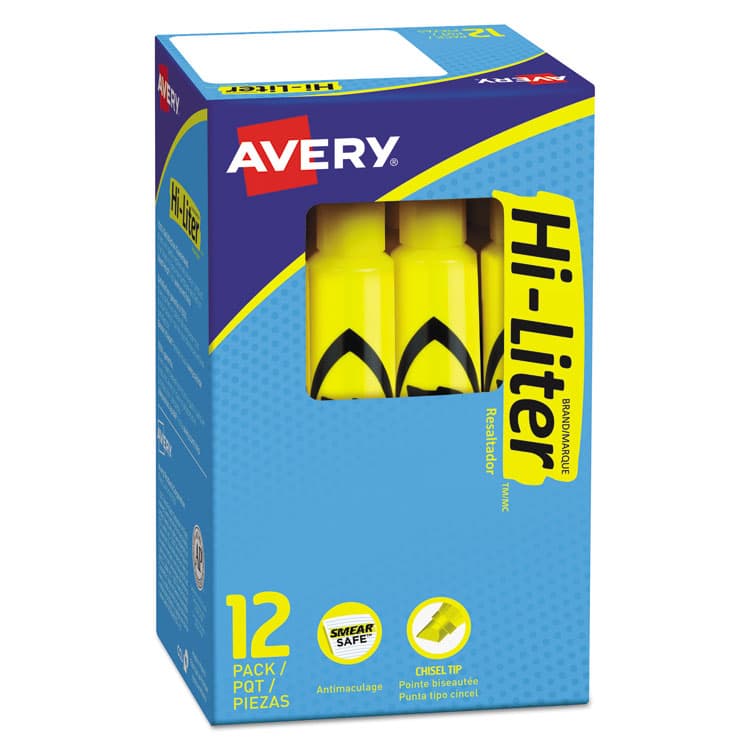 AVERY PRODUCTS CORPORATION HI-LITER Desk-Style Highlighters, Yellow Ink, Chisel Tip, Yellow/Black Barrel, Dozen (AVE07742)