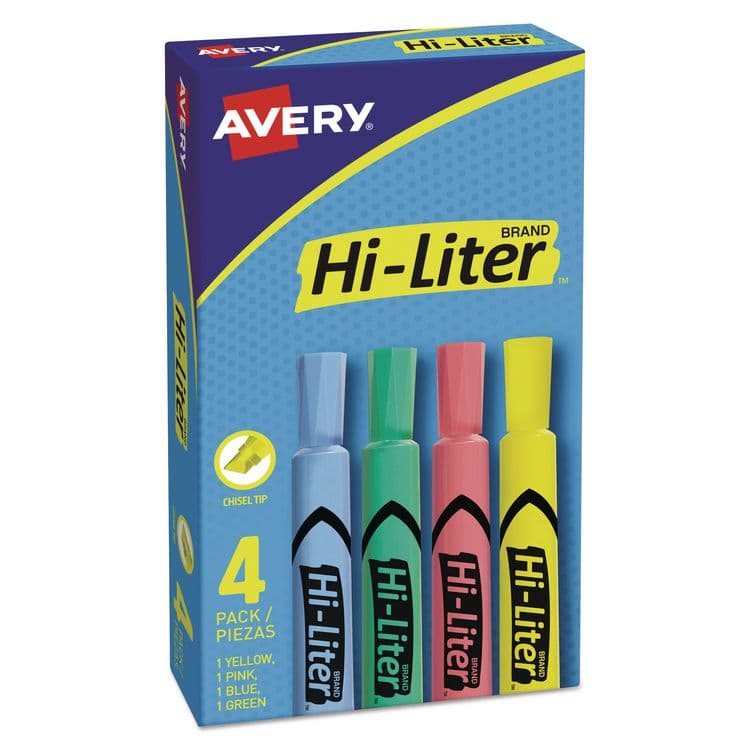AVERY PRODUCTS CORPORATION HI-LITER Desk-Style Highlighters, Assorted Ink Colors, Chisel Tip, Assorted Barrel Colors, 4/Set (AVE17752)
