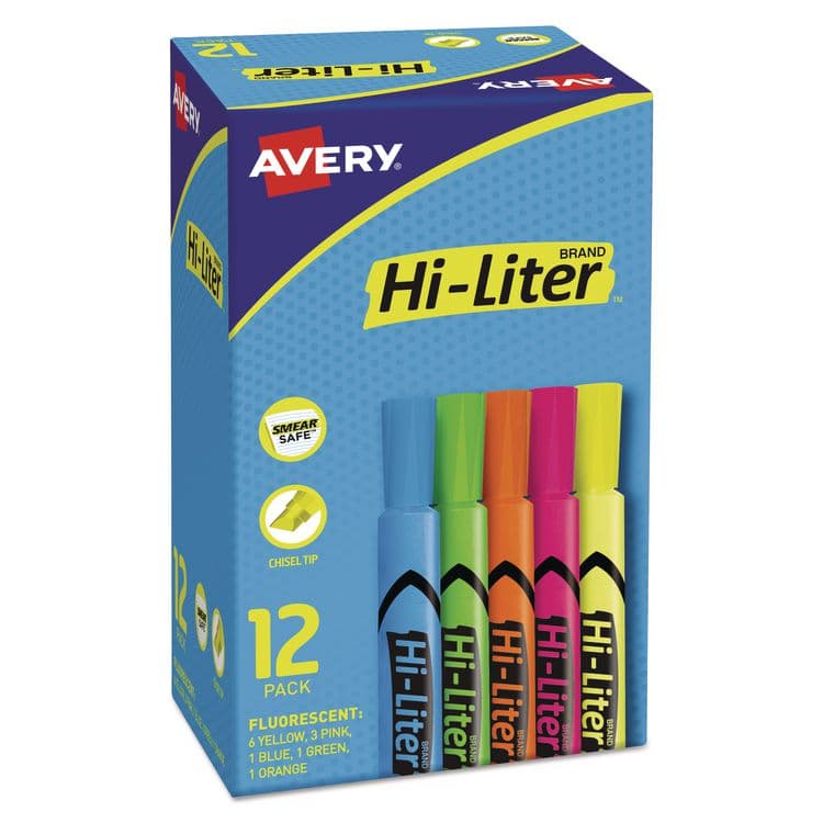 AVERY PRODUCTS CORPORATION HI-LITER Desk-Style Highlighters, Assorted Ink Colors, Chisel Tip, Assorted Barrel Colors, Dozen (AVE98034)