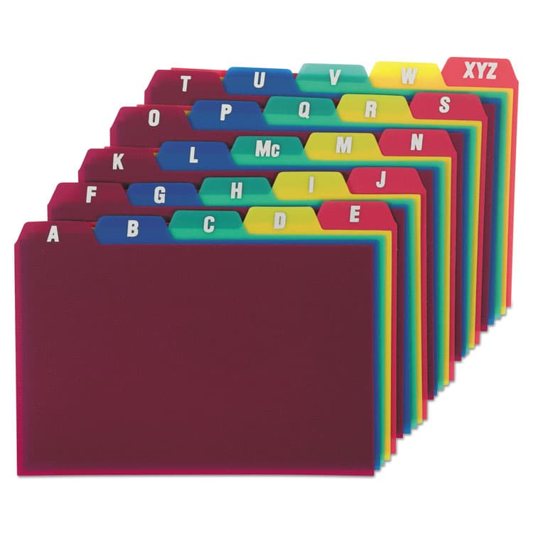 TOPS BUSINESS FORMS Durable Poly A-Z Card Guides, 1/5-Cut Top Tab, A to Z, 4 x 6, Assorted Colors, 25/Set (OXF73154)