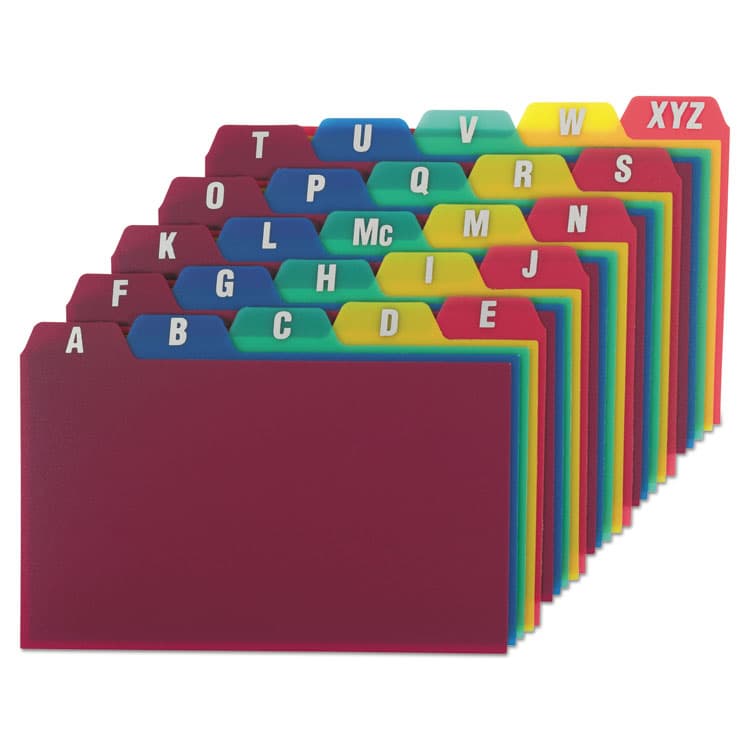 TOPS BUSINESS FORMS Durable Poly A-Z Card Guides, 1/5-Cut Top Tab, A to Z, 3 x 5, Assorted Colors, 25/Set (OXF73153)