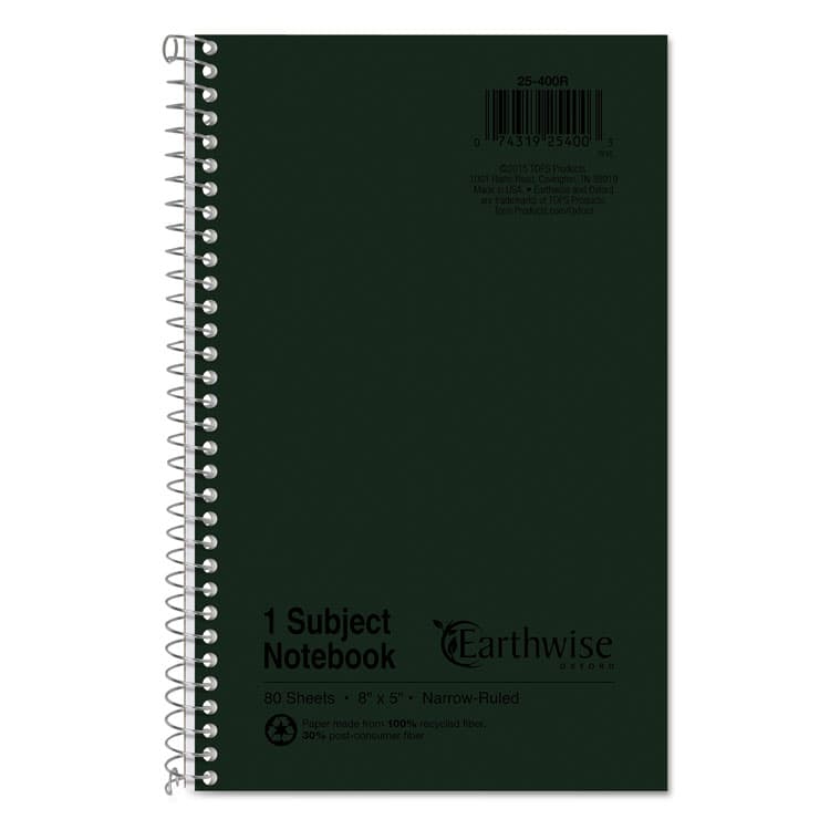 TOPS BUSINESS FORMS Earthwise by Oxford Recycled One-Subject Notebook, Narrow Rule, Green Cover, (80) 8 x 5 Sheets (TOP25400)