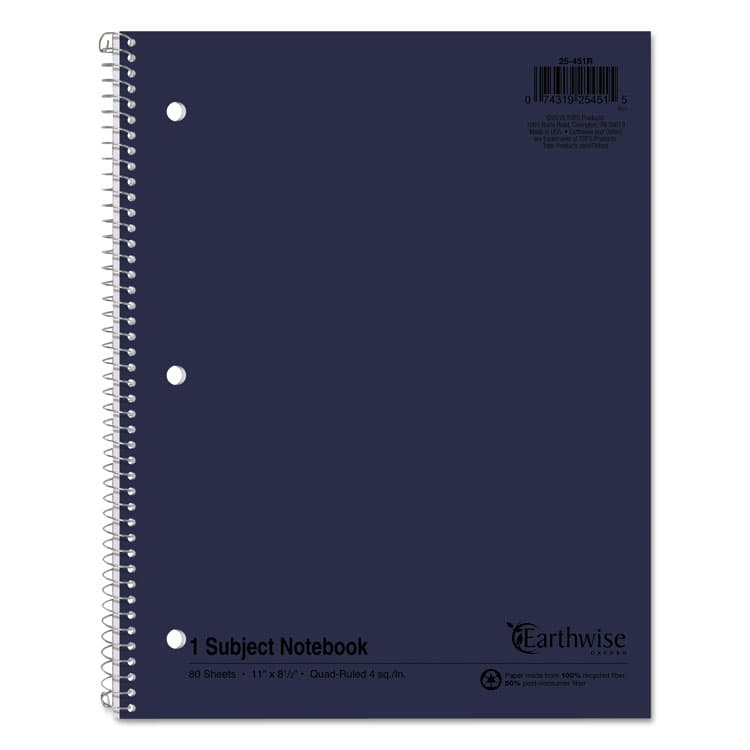 TOPS BUSINESS FORMS Earthwise by Oxford Recycled 1-Subject Notebook, Quad Rule (4 sq/in), Randomly Assorted Cover Color, (80) 11 x 8.5 Sheets (TOP25451)