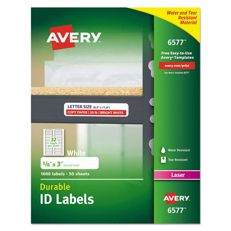 AVERY PRODUCTS CORPORATION Durable Permanent ID Labels with TrueBlock Technology, Laser Printers, 0.63 x 3, White, 32/Sheet, 50 Sheets/Pack (AVE6577)