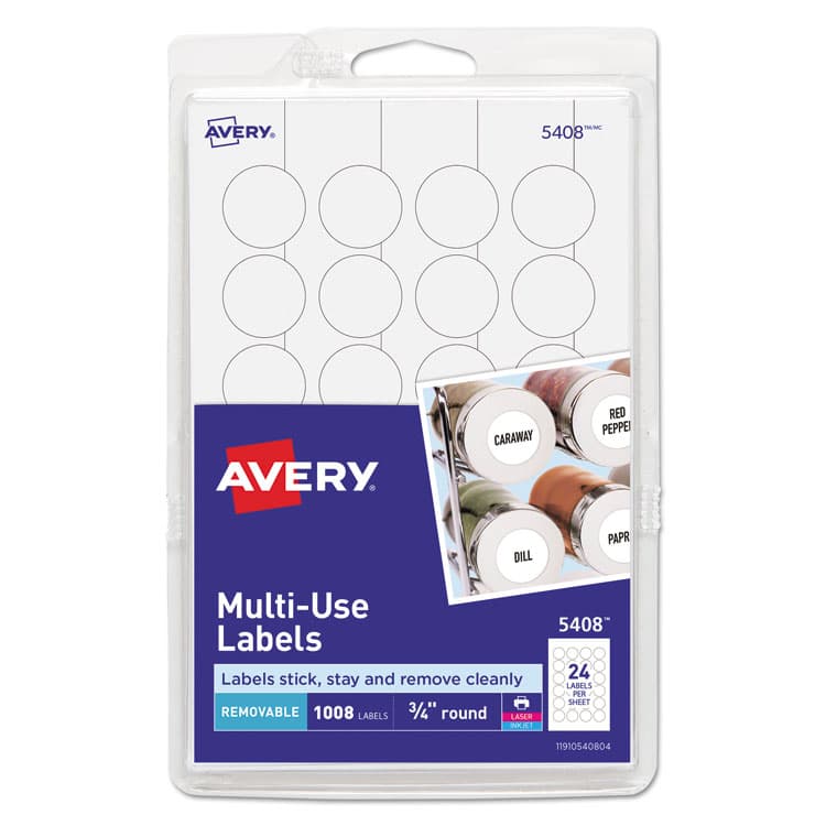 AVERY PRODUCTS CORPORATION Removable Multi-Use Labels, Inkjet/Laser Printers, 0.75" dia, White, 24/Sheet, 42 Sheets/Pack, (5408) (AVE05408)