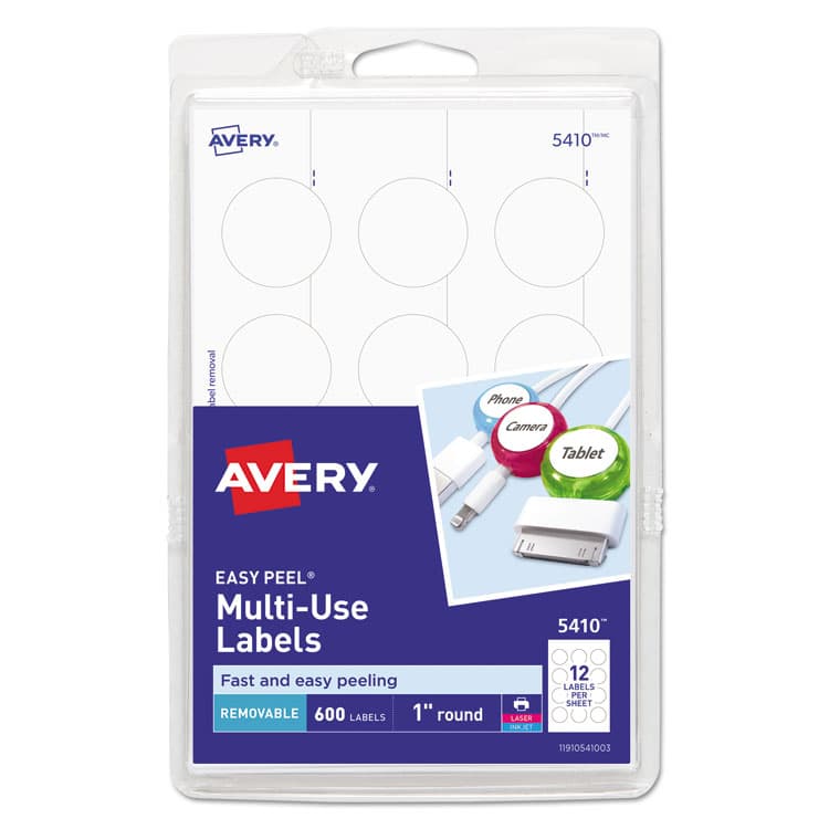 AVERY PRODUCTS CORPORATION Removable Multi-Use Labels, Inkjet/Laser Printers, 1" dia, White, 12/Sheet, 50 Sheets/Pack, (5410) (AVE05410)
