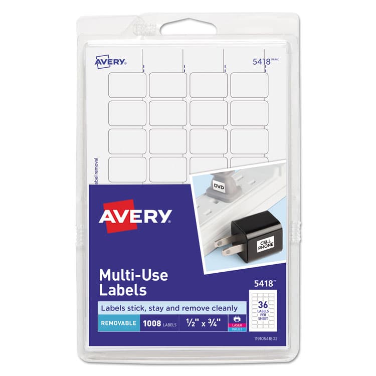 AVERY PRODUCTS CORPORATION Removable Multi-Use Labels, Inkjet/Laser Printers, 0.5 x 0.75, White, 36/Sheet, 28 Sheets/Pack, (5418) (AVE05418)
