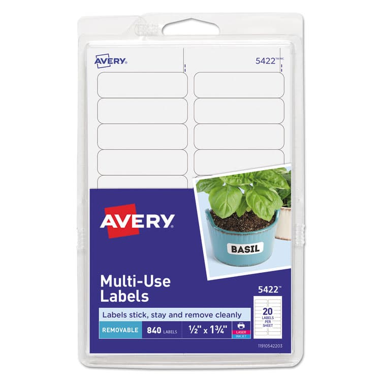 AVERY PRODUCTS CORPORATION Removable Multi-Use Labels, Inkjet/Laser Printers, 0.5 x 1.75, White, 20/Sheet, 42 Sheets/Pack, (5422) (AVE05422)