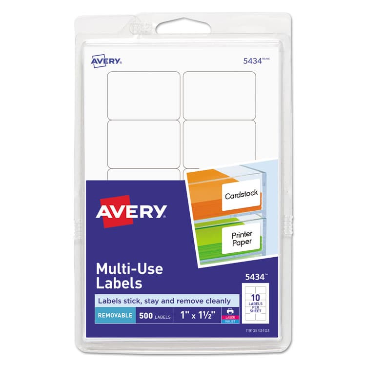 AVERY PRODUCTS CORPORATION Removable Multi-Use Labels, Inkjet/Laser Printers, 1 x 1.5, White, 10/Sheet, 50 Sheets/Pack, (5434) (AVE05434)