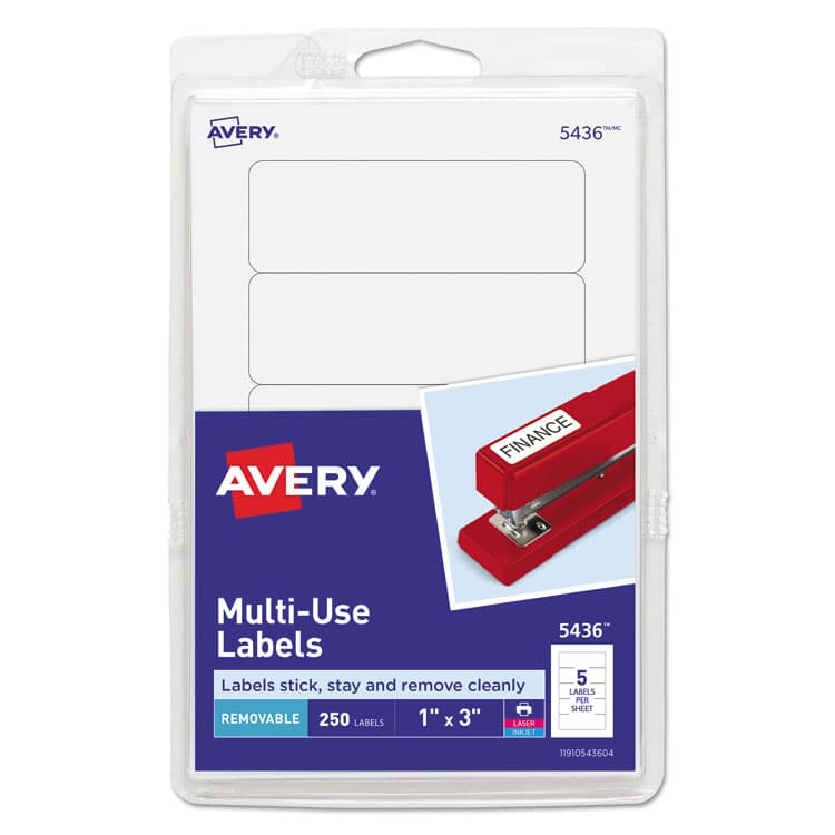 AVERY PRODUCTS CORPORATION Removable Multi-Use Labels, Inkjet/Laser Printers, 1 x 3, White, 5/Sheet, 50 Sheets/Pack, (5436) (AVE05436)