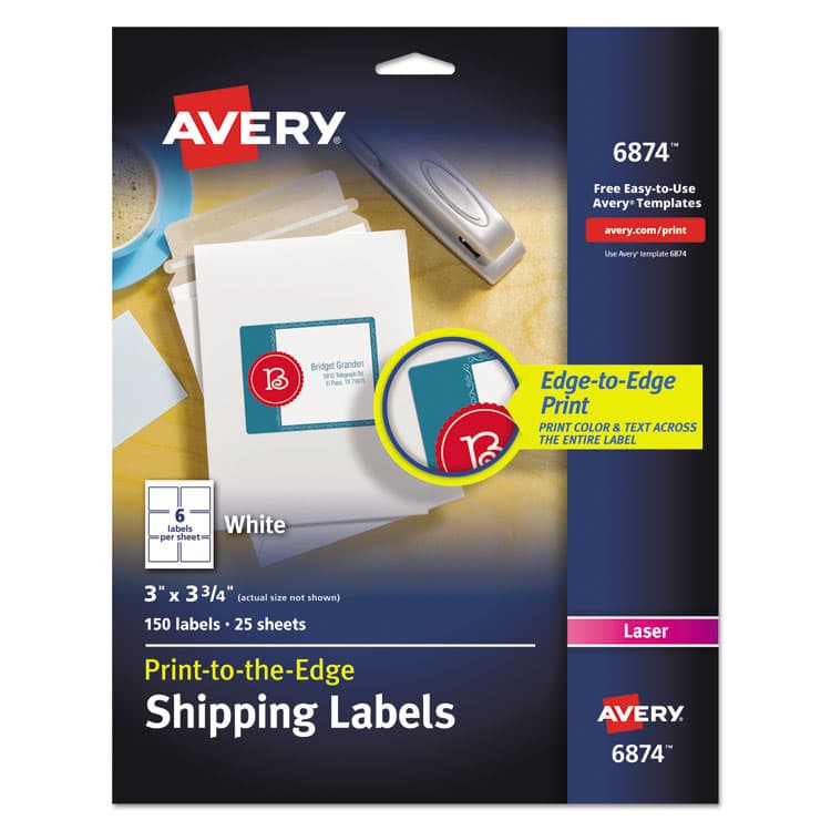 AVERY PRODUCTS CORPORATION Vibrant Laser Color-Print Labels w/ Sure Feed, 3 x 3.75, White, 150/PK (AVE6874)