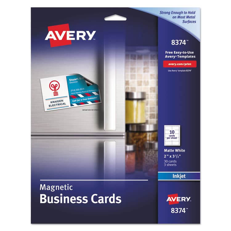 AVERY PRODUCTS CORPORATION Magnetic Business Cards, Inkjet, 2 x 3.5, White, 10 Cards/Sheet, 3 Sheets/Pack (AVE8374)