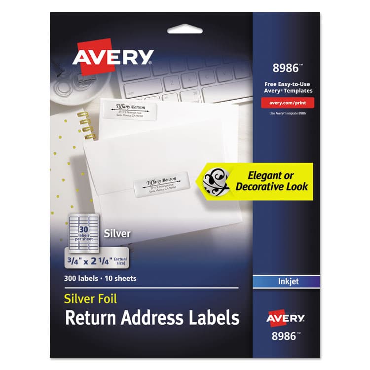 AVERY PRODUCTS CORPORATION Foil Mailing Labels, Inkjet Printers, 0.75 x 2.25, Silver, 30/Sheet, 10 Sheets/Pack (AVE8986)