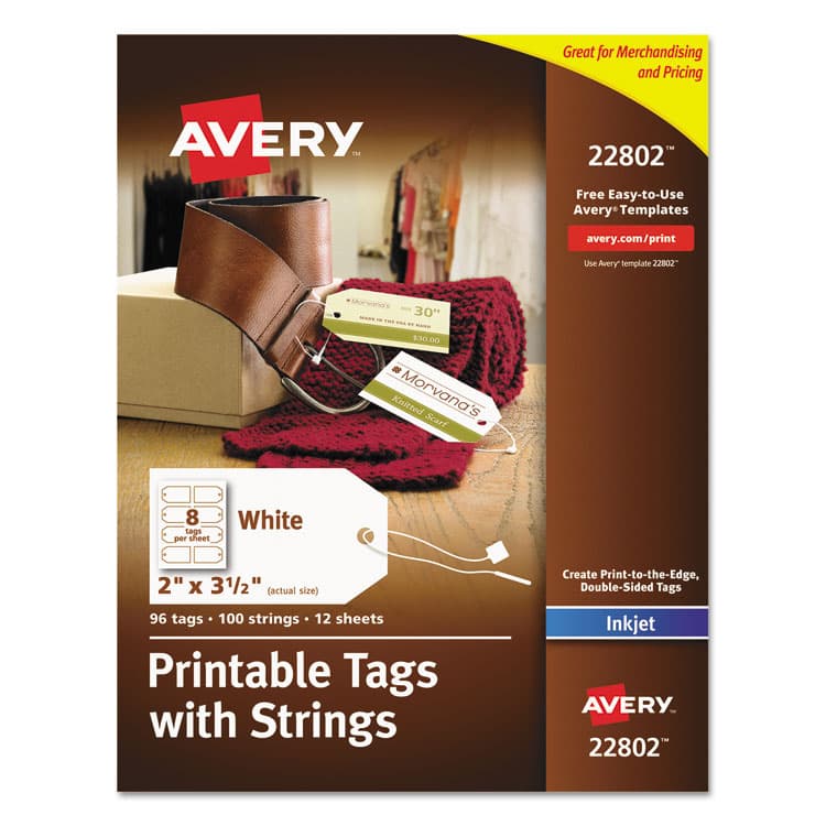 AVERY PRODUCTS CORPORATION Printable Rectangular Tags with Strings, 2 x 3.5, Matte White, 96/Pack (AVE22802)