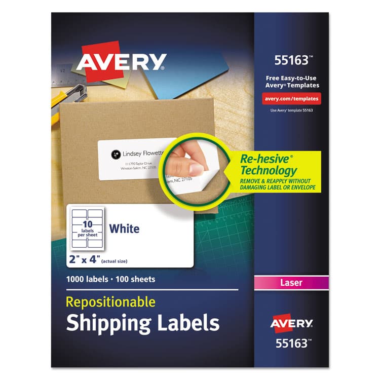 AVERY PRODUCTS CORPORATION Repositionable Shipping Labels w/Sure Feed, Inkjet/Laser, 2 x 4, White, 1000/Box (AVE55163)