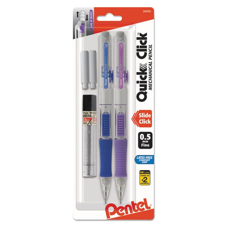 PENTEL OF AMERICA QUICK CLICK Mechanical Pencils with Tube of Lead/Erasers, 0.5 mm, HB (#2), Black Lead, Assorted Barrel Colors, 2/Pack (PENPD215LEBP2)
