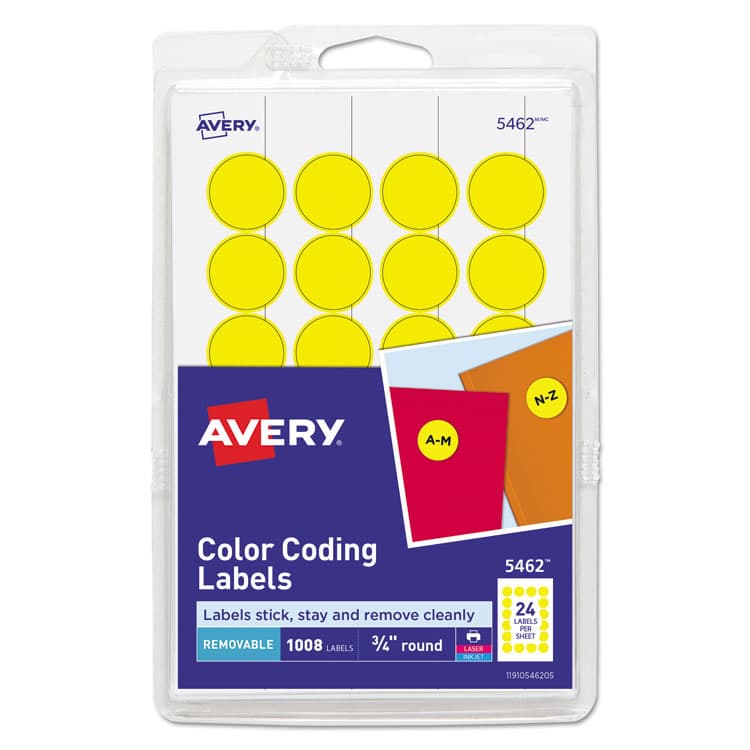 AVERY PRODUCTS CORPORATION Printable Self-Adhesive Removable Color-Coding Labels, 0.75" dia, Yellow, 24/Sheet, 42 Sheets/Pack, (5462) (AVE05462)