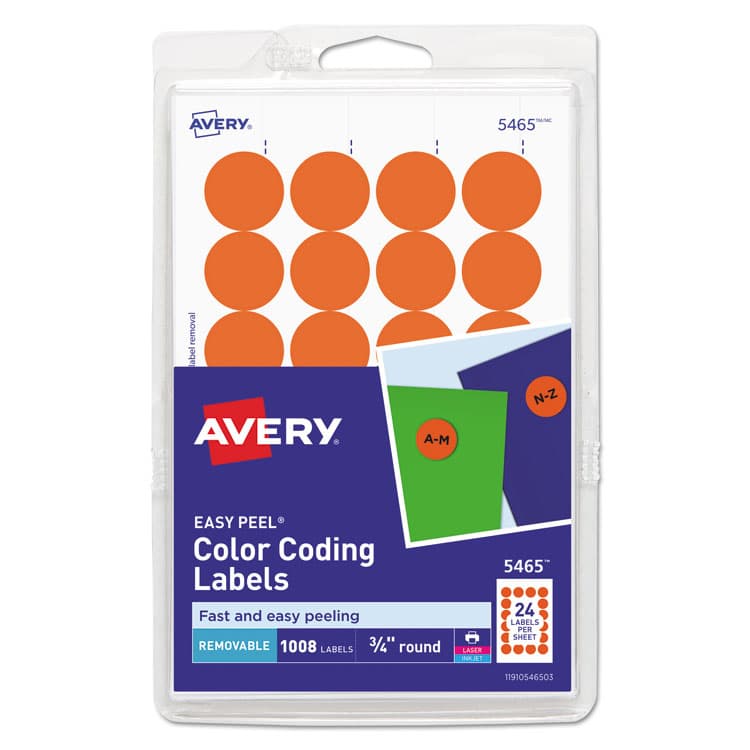 AVERY PRODUCTS CORPORATION Printable Self-Adhesive Removable Color-Coding Labels, 0.75" dia, Orange, 24/Sheet, 42 Sheets/Pack, (5465) (AVE05465)